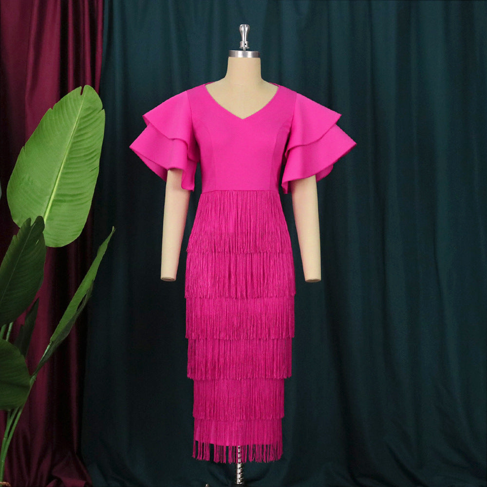 Damen Fransen Maxikleid mit voluminösen Rüschensäumen R&B