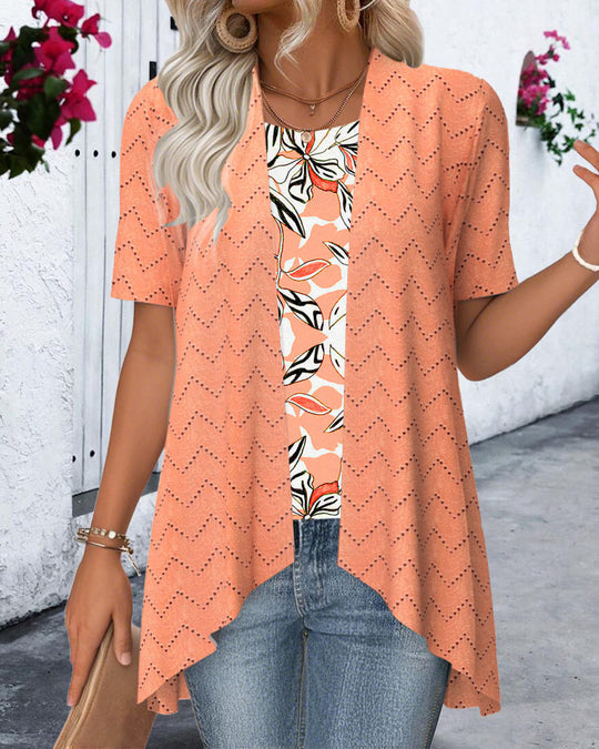 Damen nan Ajourstrick-Cardigan mit asymmetrischem Zipfelsaum und kurzen Ärmeln R&B