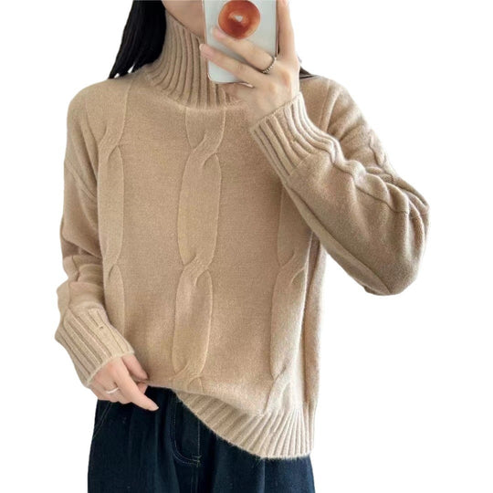 Damen Strickpullover mit hohem Kragen und Zopfmuster R&B