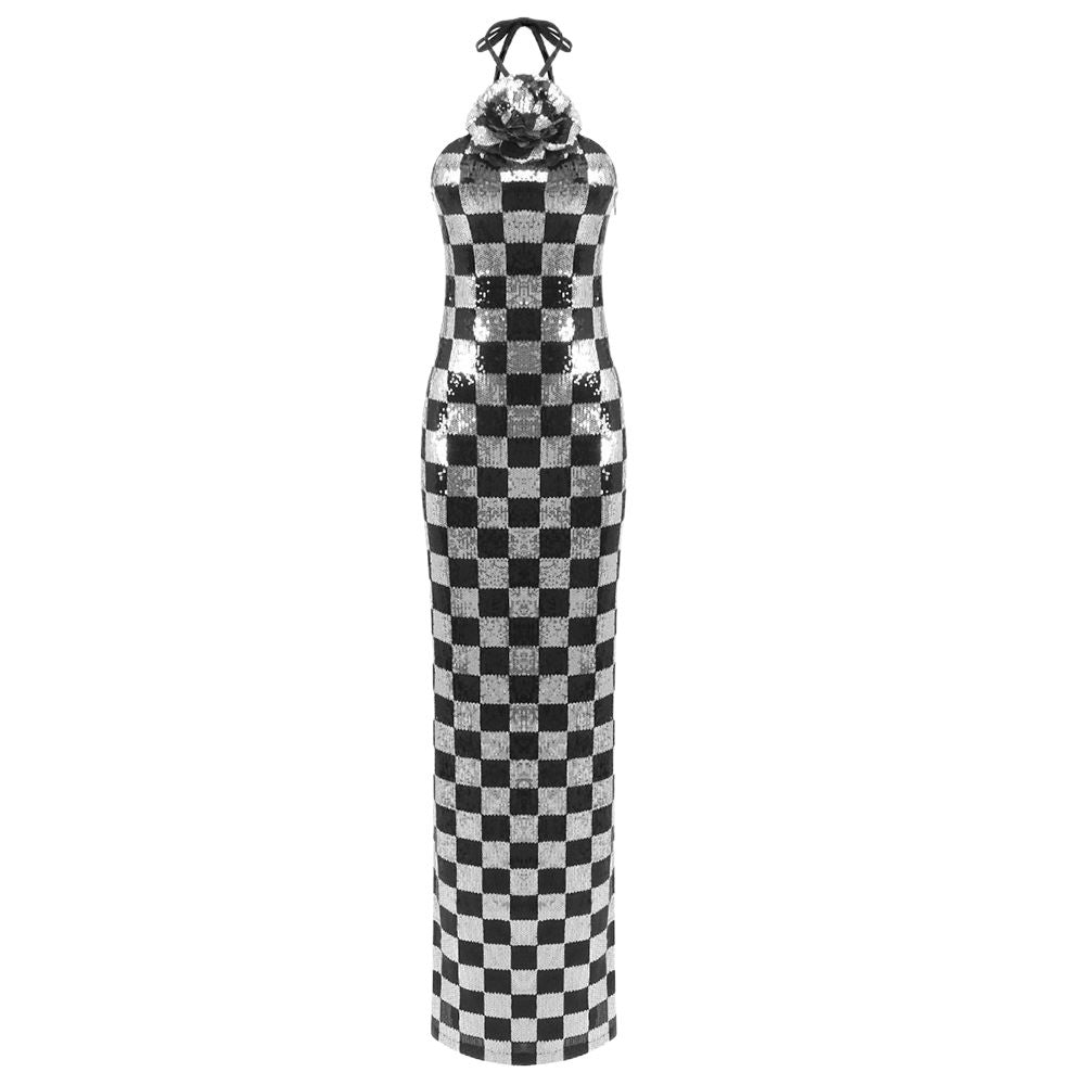Damen Figurbetontes Schachmuster-Maxikleid mit glitzernden Pailletten R&B