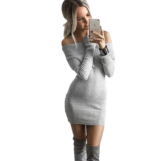Damen Strickkleid mit Off-Shoulder-Design und dekorativem Kordelzug R&B