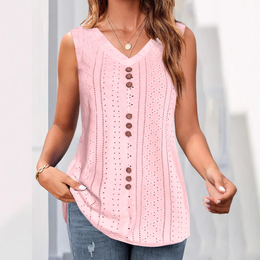Damen V-Ausschnitt Blusentop mit Knopfleiste und filigranem Lochmuster Heidi-Mode