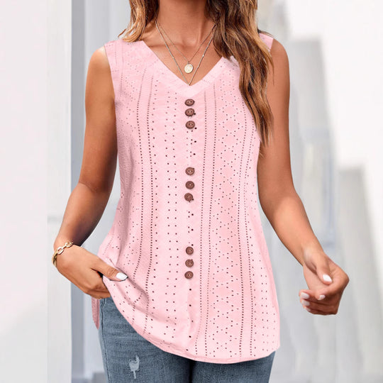 Damen nan ärmelloses Broderie-Anglaise-Top mit V-Ausschnitt und dekorativer Zierknopfleiste R&B