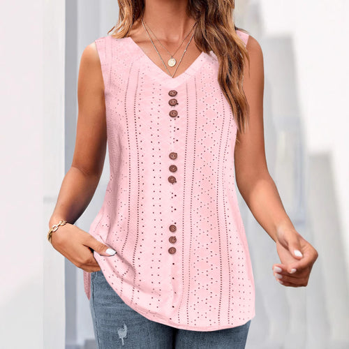 Damen nan ärmelloses Broderie-Anglaise-Top mit V-Ausschnitt und dekorativer Zierknopfleiste R&B