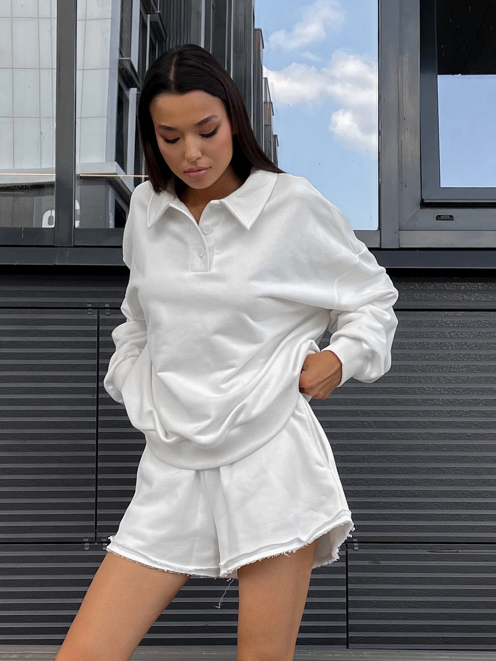 Damen lässiges Freizeit-Set mit Überschnittenen Ärmeln und weichen Shorts R&B