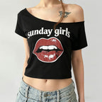 Damen Trendiges Crop-Top mit R&Brnem Lippenprint R&B