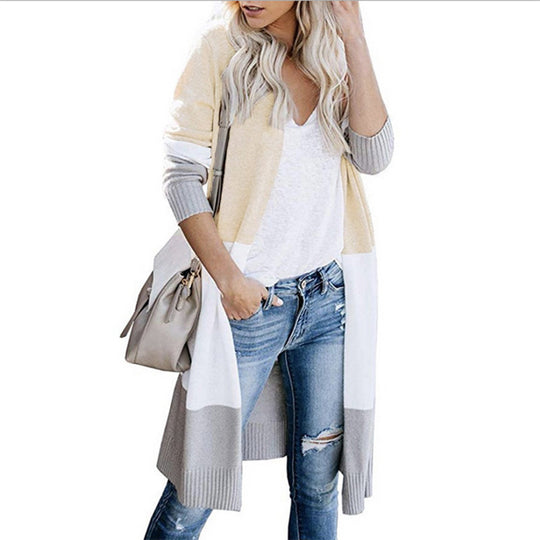Damen langer Strickmantel mit modernen Farbblock-Details R&B