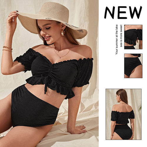 Damen Hochtaillierter Bikini mit lässigem Puffärmel-Oberteil R&B