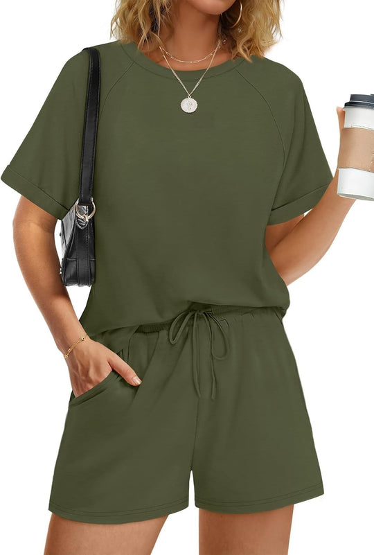 Damen lässiger Kombi aus T-Shirt und Shorts mit elastischem Bund R&B