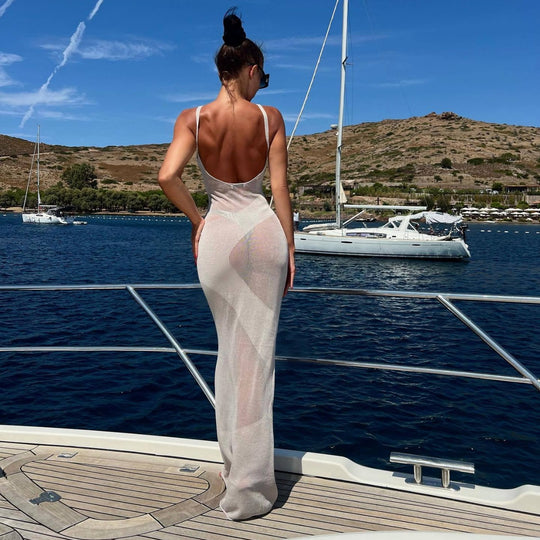 Damen Maxikleid aus transparentem Strickmaterial mit feinster Rippstruktur R&B