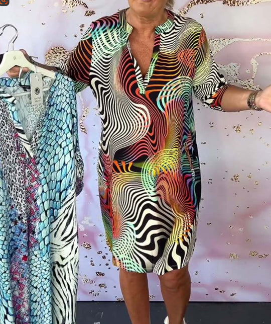 Damen nan knielanges Tunika-Kleid mit Stehkragen und V-Ausschnitt R&B