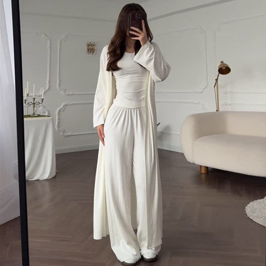 Damen Loungewear-Kombination aus langärmligem Oberteil und weiten Palazzo-Hosen R&B