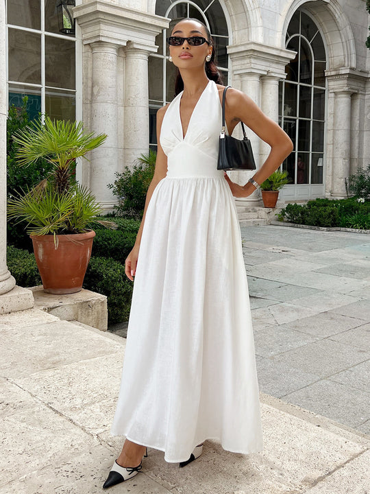 Damen Maxikleid mit tieferem V-Ausschnitt und fließendem Rock R&B