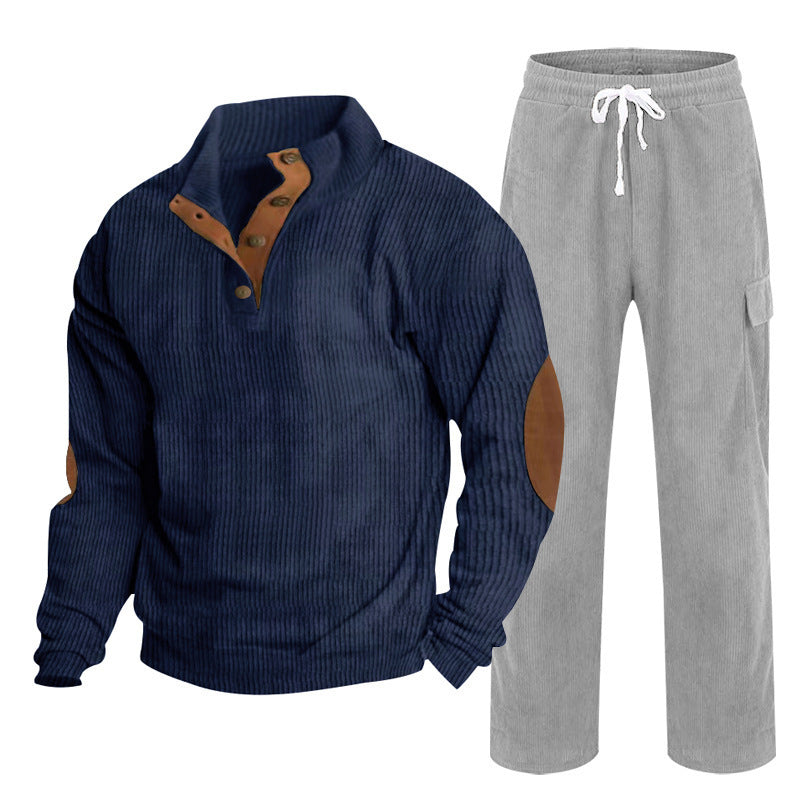 Herren nan strukturiertes Feinstrick-Halbknopf-Pullover und Feincord-Cargo-Zweiteiler R&B