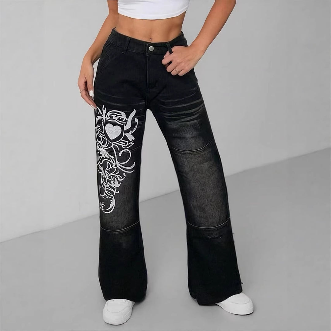 Damen weite Jeans mit kunstvollem Aufdruck R&B