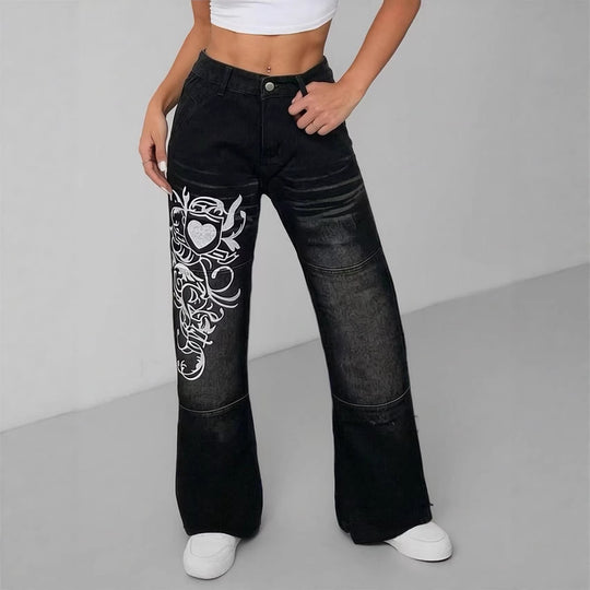Damen weite Jeans mit kunstvollem Aufdruck R&B