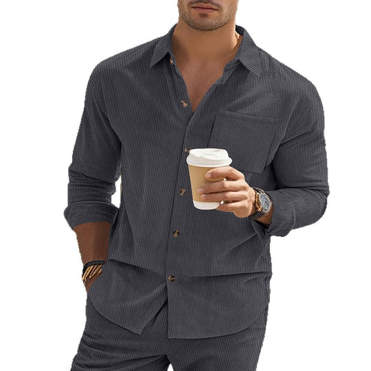 Herren gestreiftes Langarmshirt mit modischem Stehkragen und praktischer Brusttasche R&B
