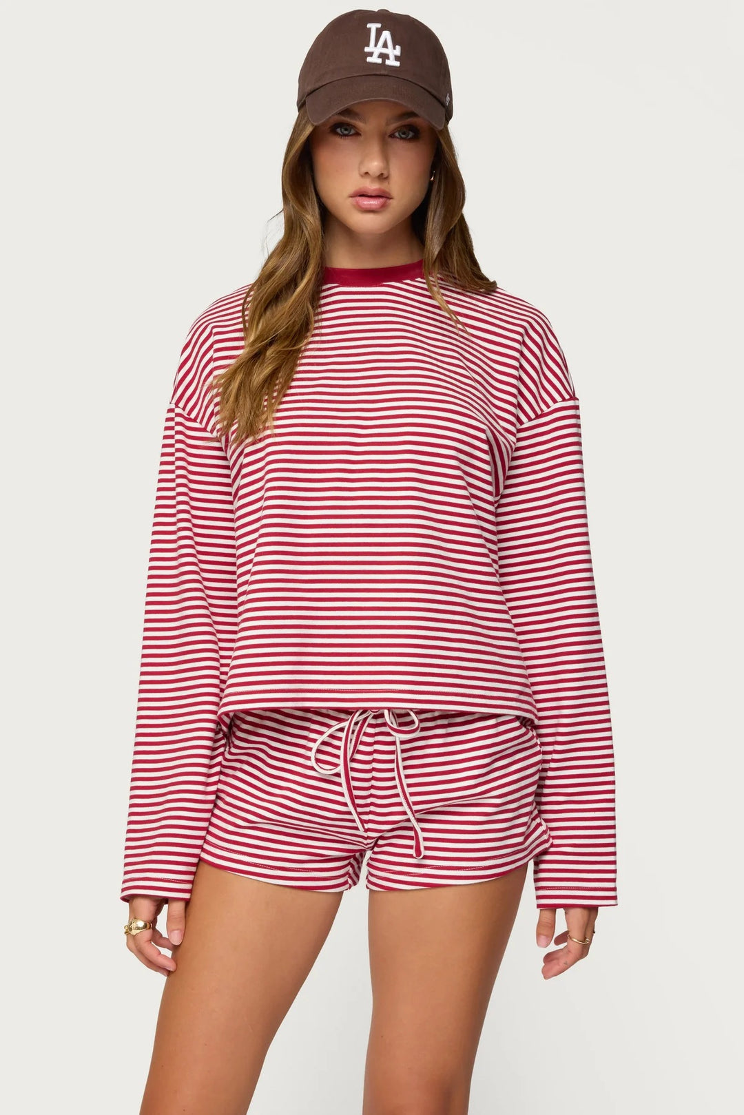 Damen Lässiges Streifen-Loungewear-Set mit langärmligem Oberteil und kurzer Hose R&B