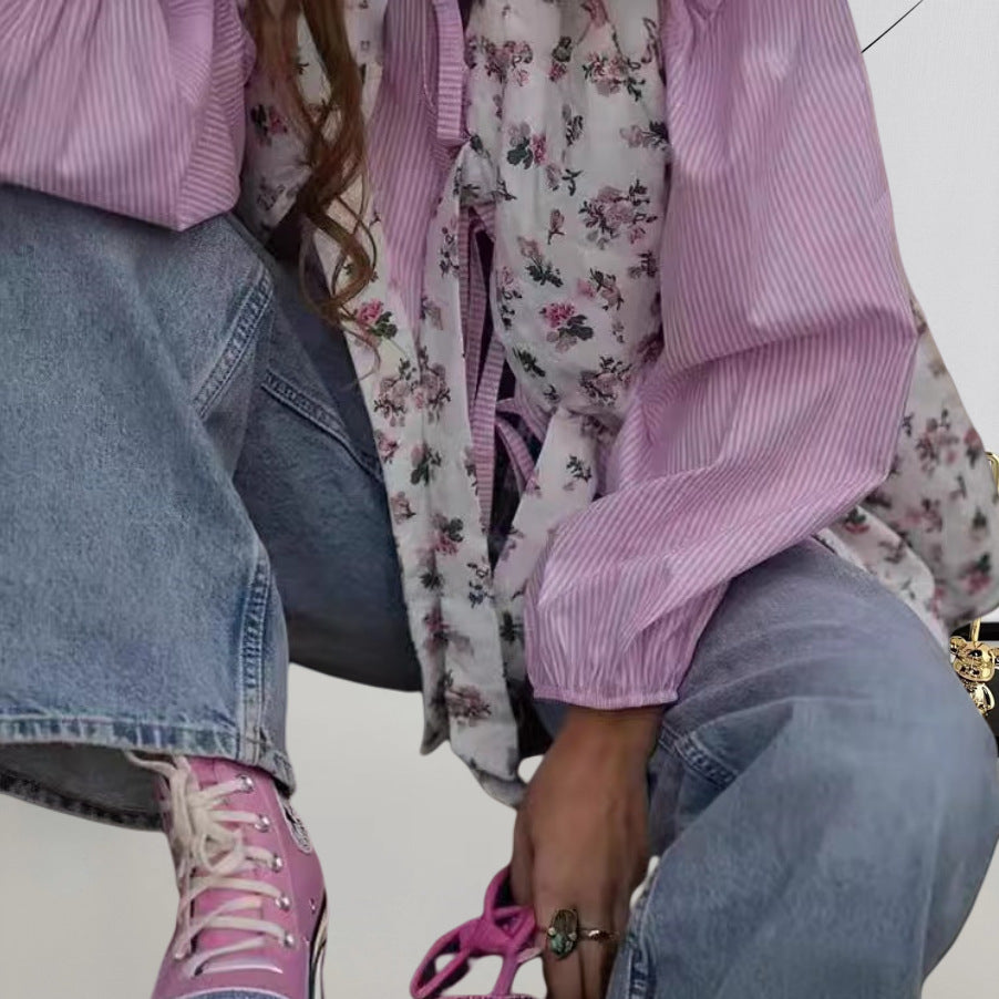 Damen Bluse mit floralen Akzenten und hübschem Bindeband R&B