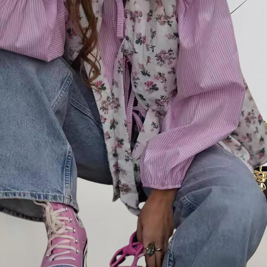 Damen Bluse mit floralen Akzenten und hübschem Bindeband R&B