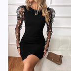 Damen Figurbetontes Minikleid mit transparenten Puffärmeln und floralem Design R&B