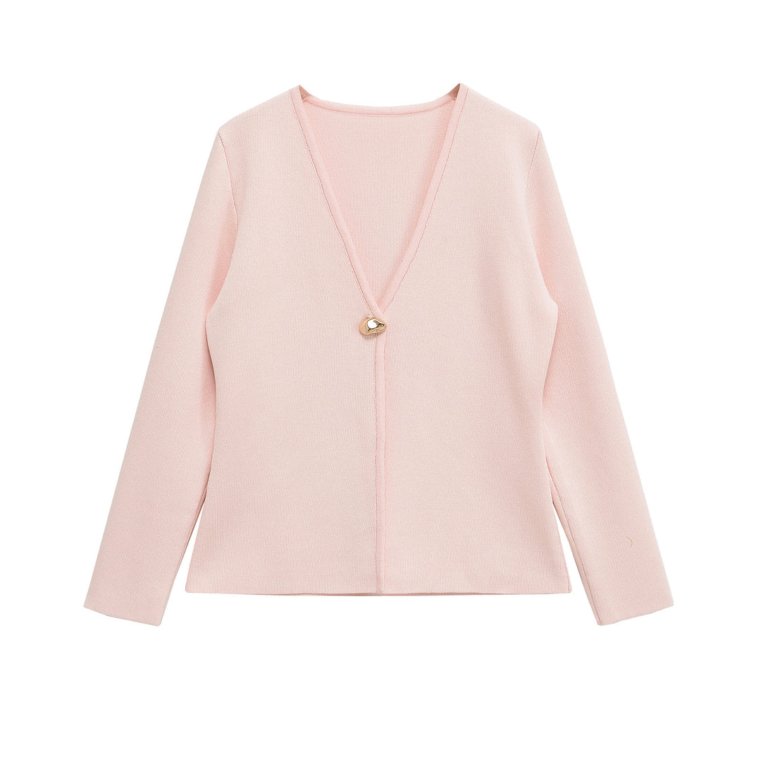 Damen lässiger V-Ausschnitt Cardigan mit dekorativem Knopf R&B