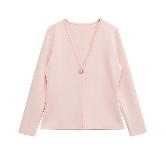 Damen lässiger V-Ausschnitt Cardigan mit dekorativem Knopf R&B