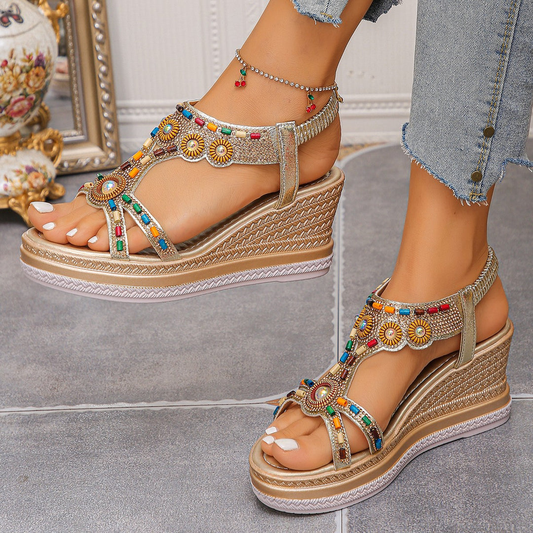Damen Wedge-Sandalen mit buntem Schmuckdesign und komfortabler Sohle R&B