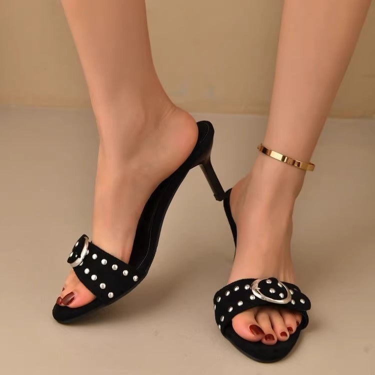 Damen elegante High Heel Mules mit funkelndem Strass und modischer Schnalle R&B