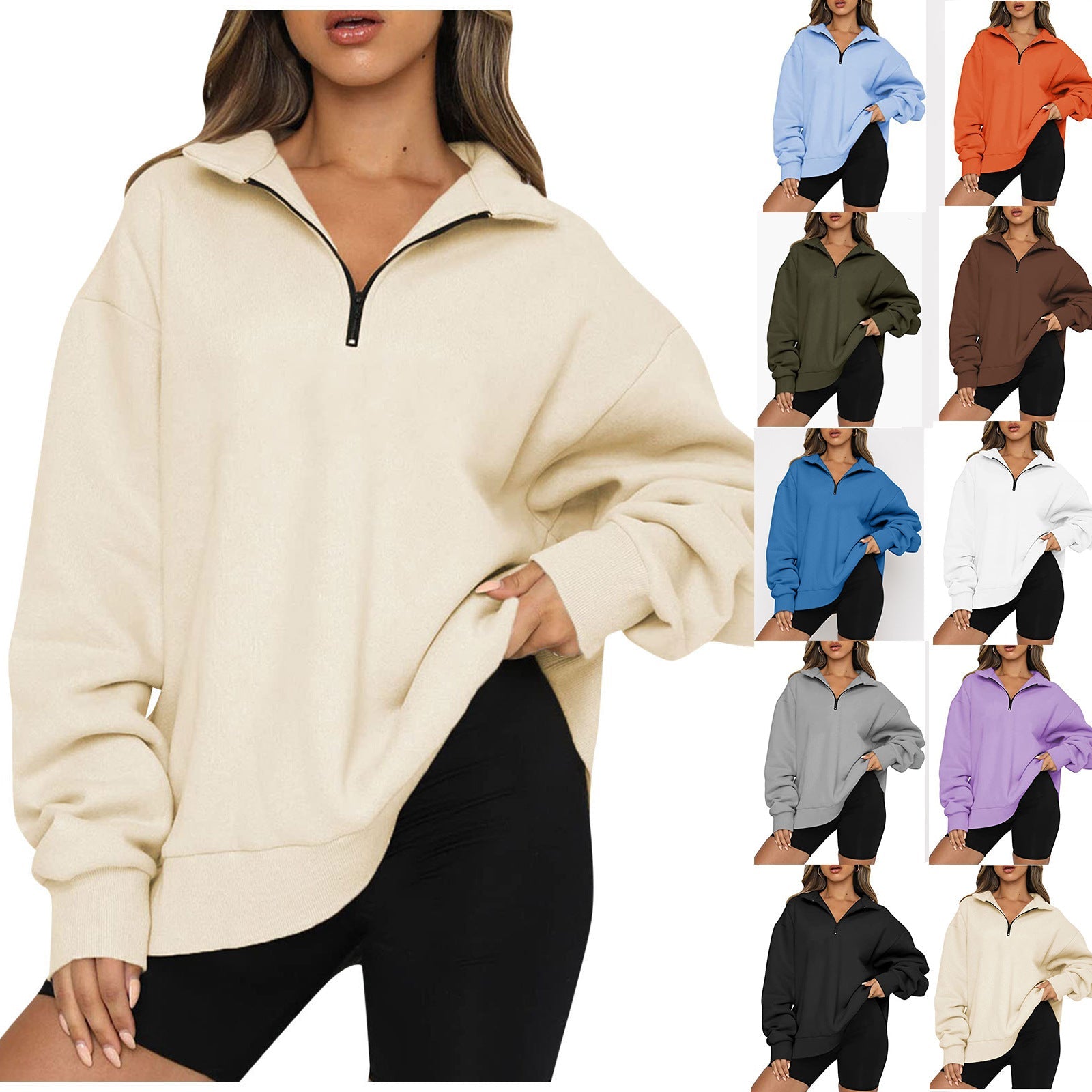 Damen Oversized Pullover mit kurzem Reißverschluss und lässigem Schnitt R&B
