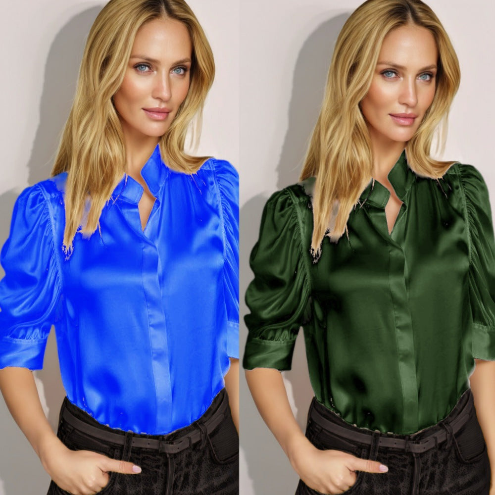 Damen elegante Satinbluse mit Puffärmeln und modernem Kragen R&B