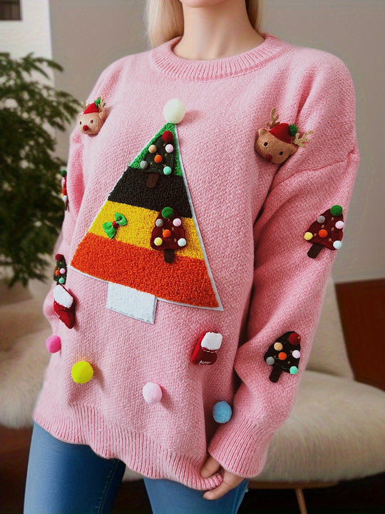 Damen Weihnachts-Pullover mit festlichem 3D-Motiv und dekorativen Applikationen R&B