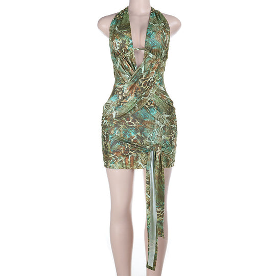 Damen kurzes Wickelkleid mit tiefem Ausschnitt und aufregendem Schlangenmotiv R&B