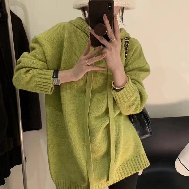 Damen Oversized Strick-Hoodiekleid mit Kordelzug und Taschen