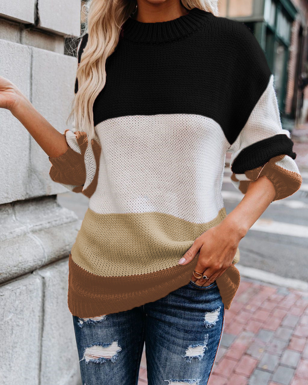 Damen lässiger Strickpullover mit modischem Farbblockdesign R&B