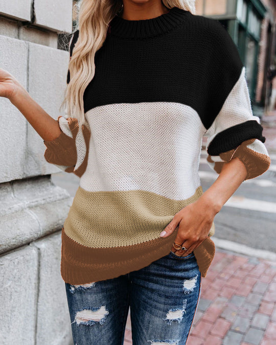 Damen lässiger Strickpullover mit modischem Farbblockdesign R&B