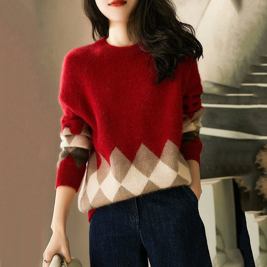 Damen lässiger Strickpullover mit modernem Rhombenmuster und weichem Material R&B