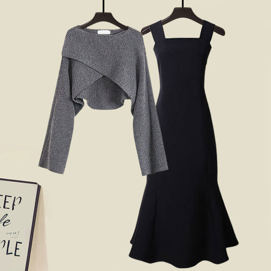 R&B | Zweiteiliges Satz Aus Hochwertigem Kreuzstrickpullover und Fishtail Kleid