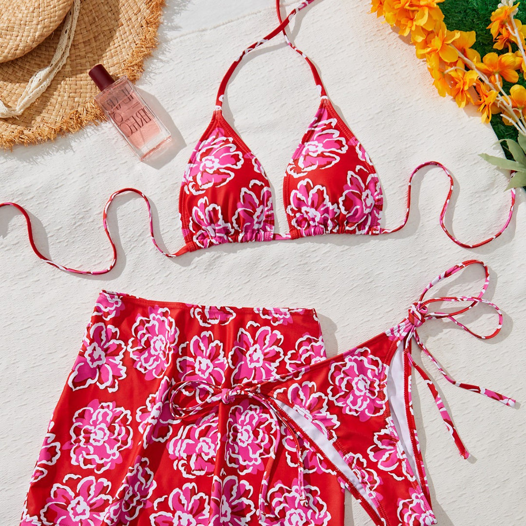 Damen Bikini-Set mit floralem Rock und raffinierten Bindebändern R&B