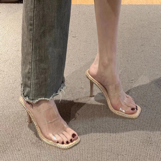 Damen elegante transparente Mules mit glitzerndem Riemen R&B