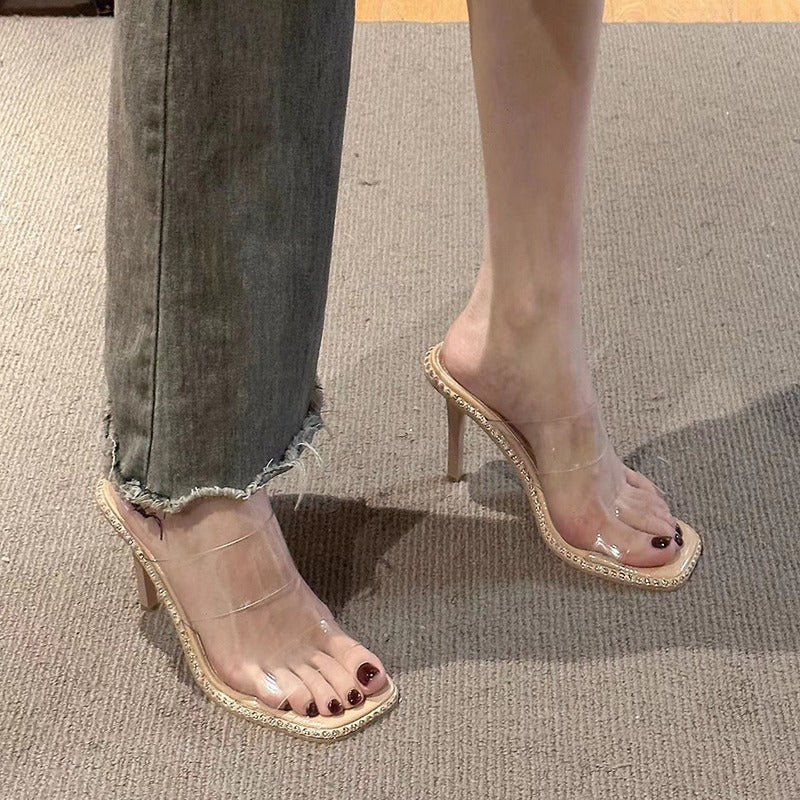 Damen elegante transparente Mules mit glitzerndem Riemen R&B