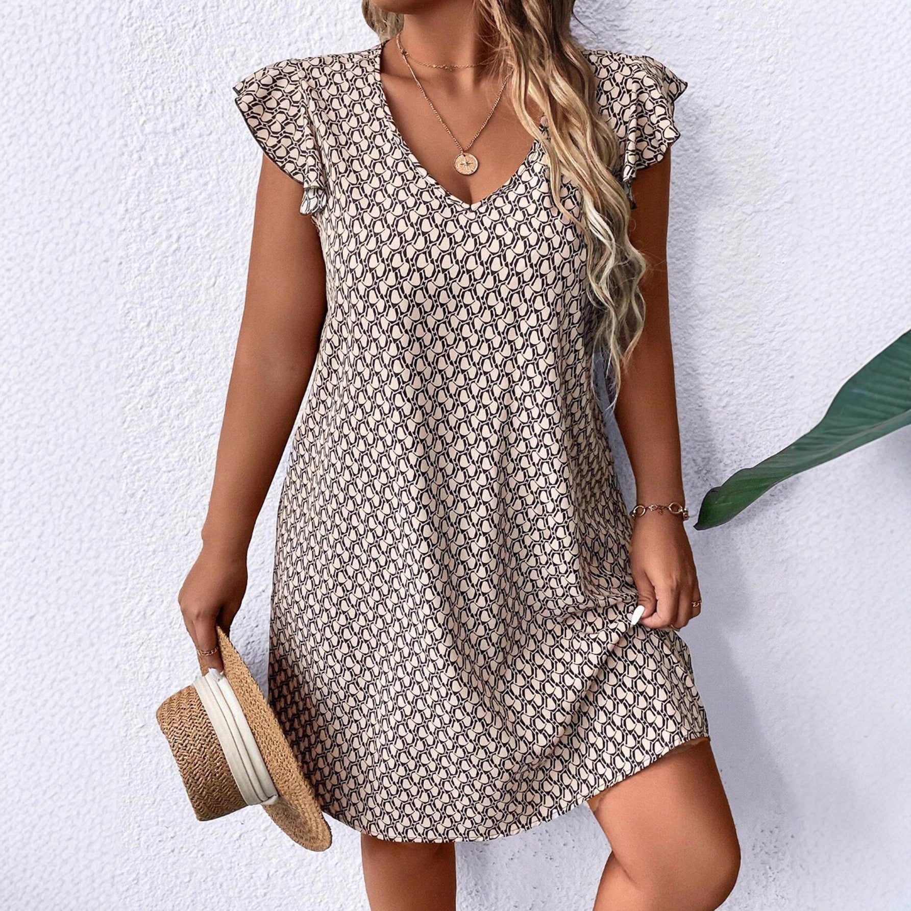 Damen lässiges Sommerkleid mit elegantem V-Ausschnitt und Rüschendetails R&B