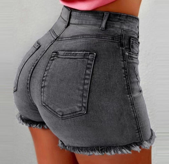 Damen Hochtaillierte Jeans-Shorts mit fransigem Saum R&B