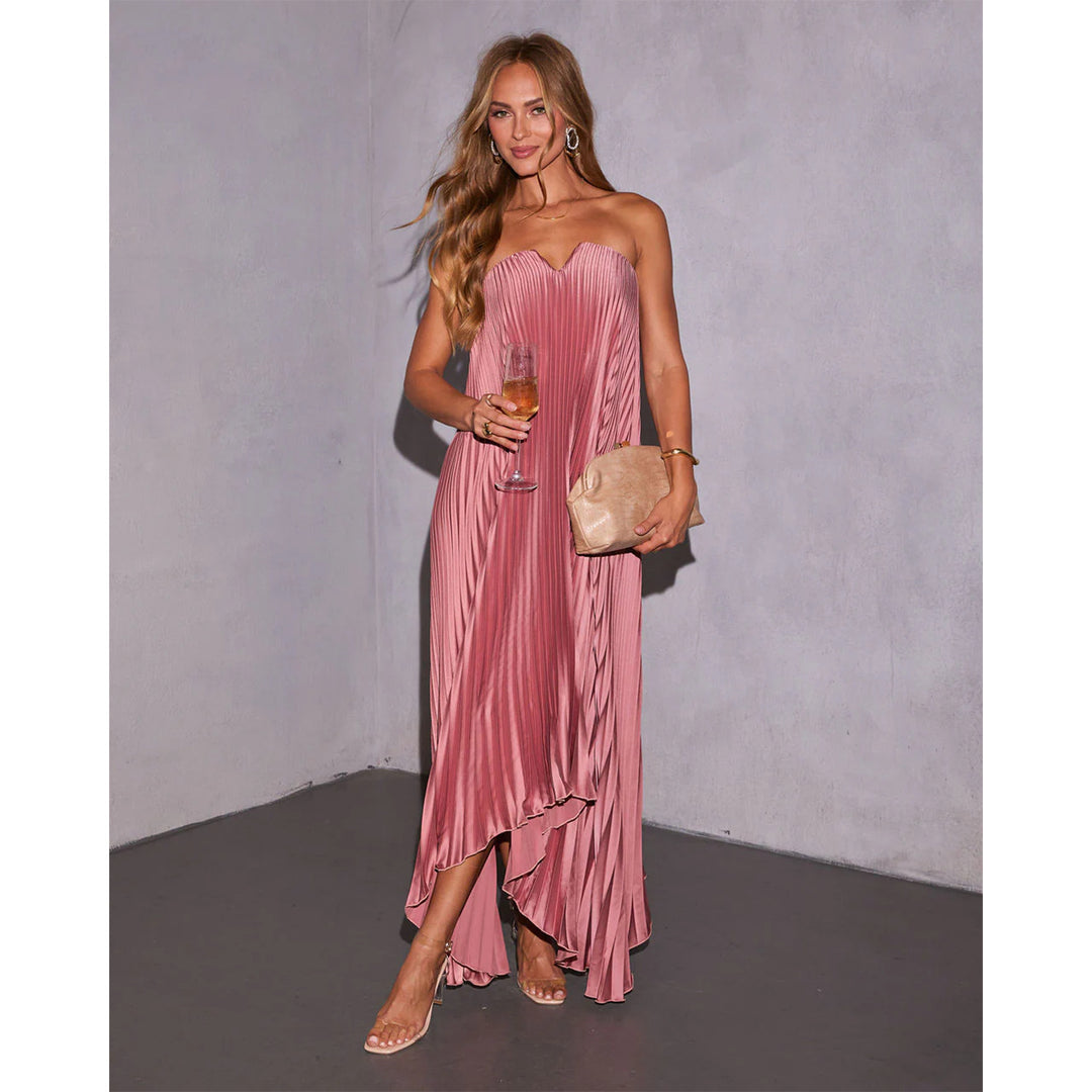 Damen Maxikleid mit plissiertem Oberteil und elegantem V-Ausschnitt R&B