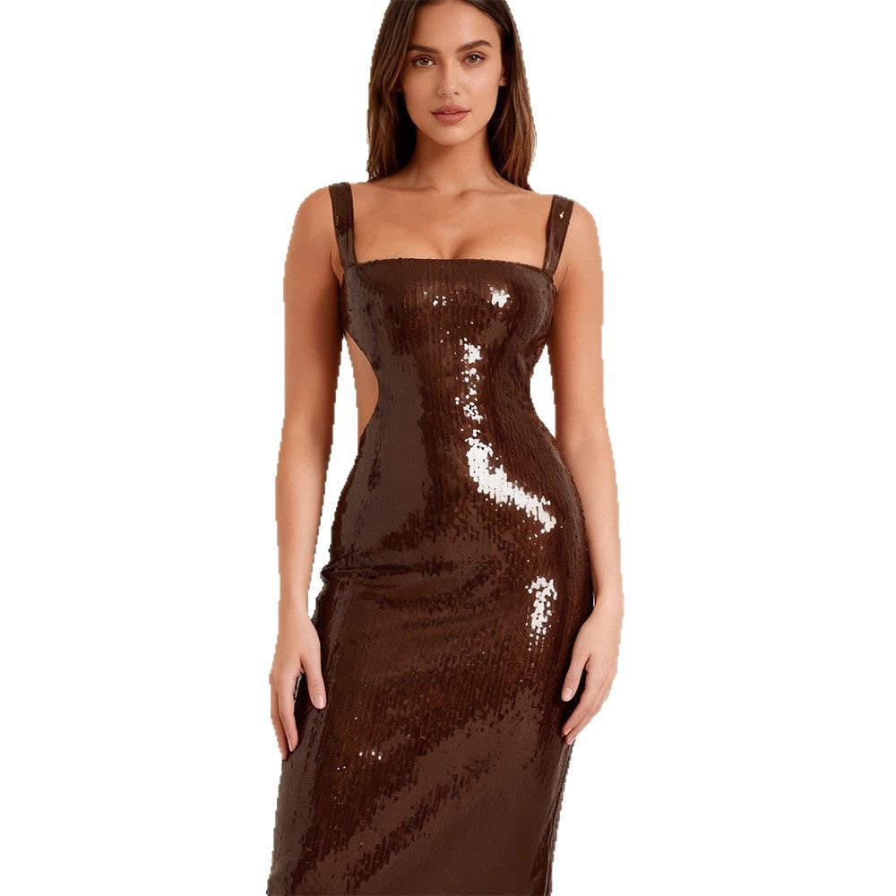 Damen Lange Pailletten-Robekleid mit schicker Silhouette und tiefem Ausschnitt R&B