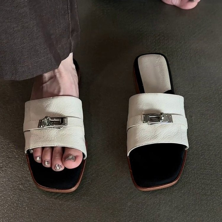 Damen modische Slide-Pantoletten mit elegantem Schnallenakzent und rutschfester Sohle R&B