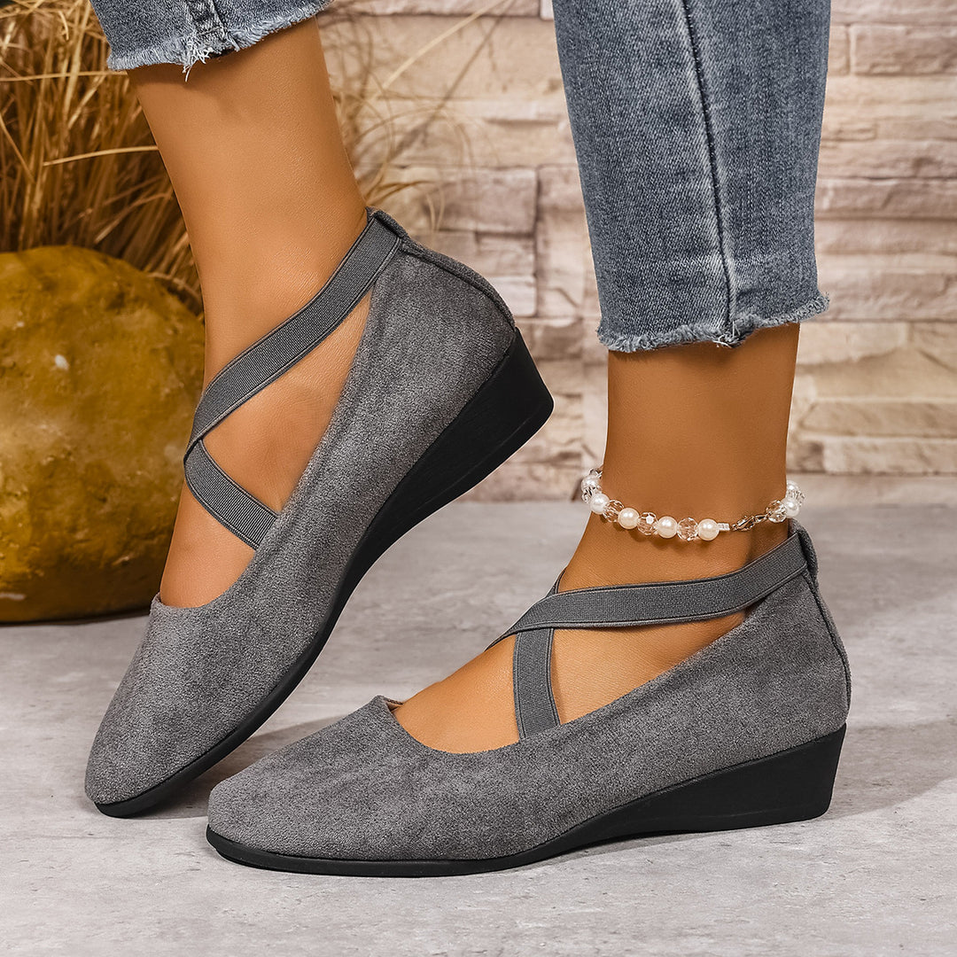 Damen elegante Ballerinas mit modischen Kreuzriemen und bequemem Wedge-Absatz R&B