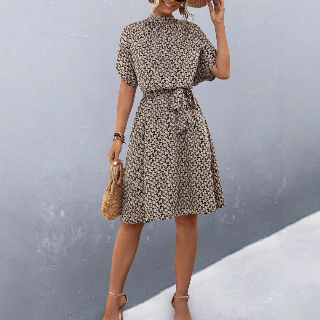 Damen Midikleid mit elegantem Bindegürtel und modischem Stehkragen R&B