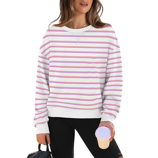 Damen lässiger Sweatshirt mit modernem Streifenmuster und Rundhalsausschnitt R&B
