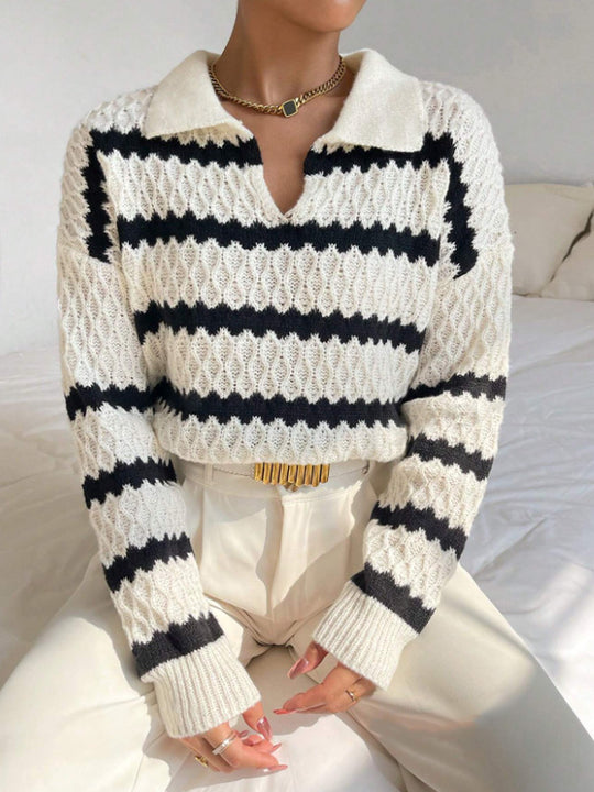 Damen Strickpullover im lässigen Stil mit strukturiertem V-Ausschnitt und hellen Akzenten R&B